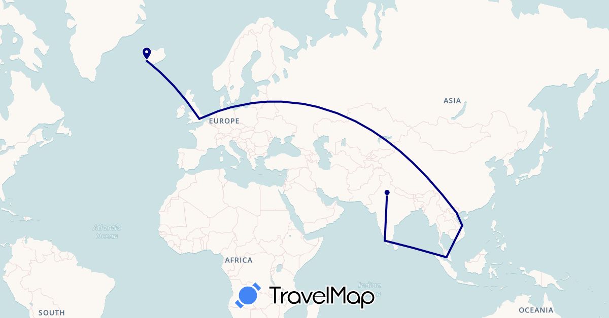 TravelMap itinerary: driving in United Kingdom, India, Iceland, Malaysia, Vietnam (Asia, Europe)